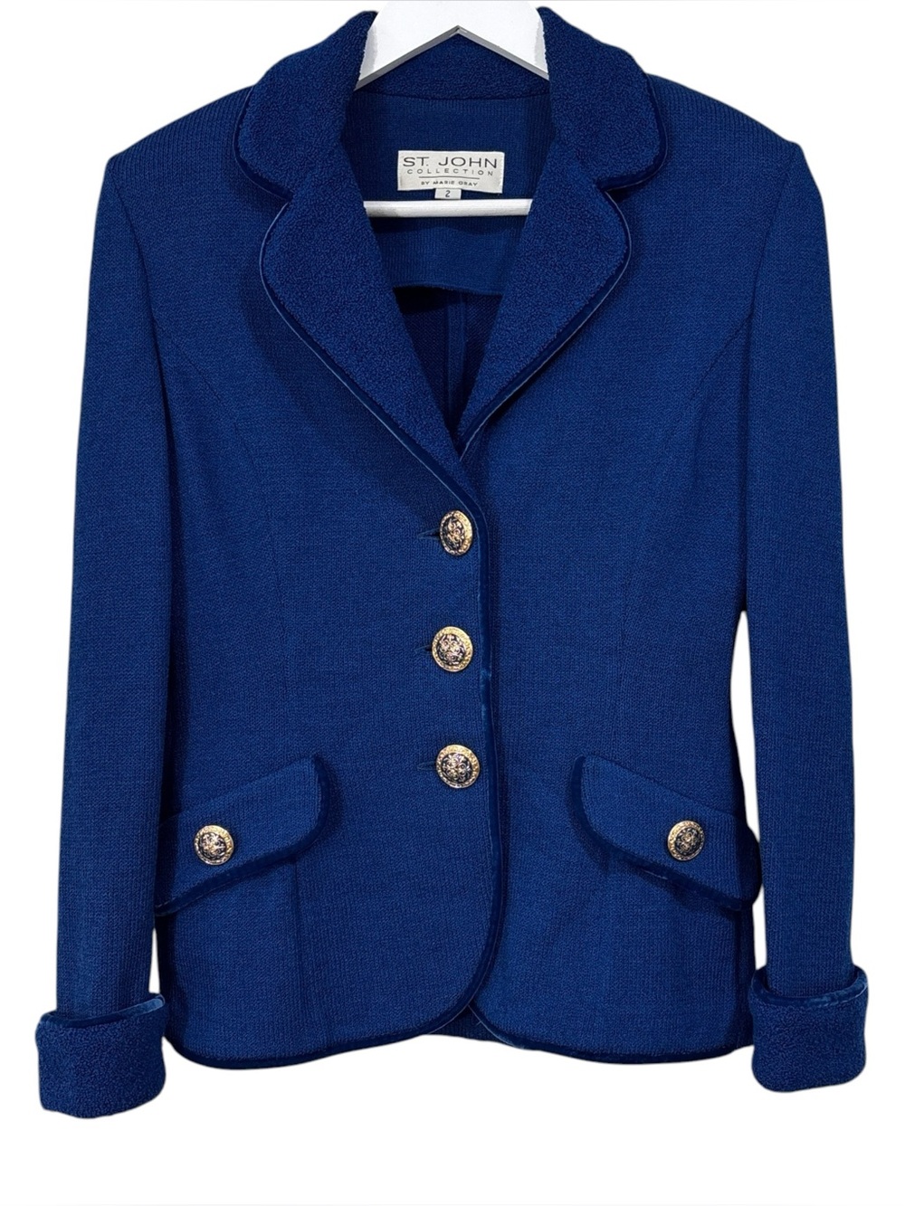 St John Collection Marie Gray Blue Knit Fitted Blazer Jacket Size 2 Womens